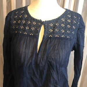 J Crew Navy Blue Linen Long Sleeve Blouse 6